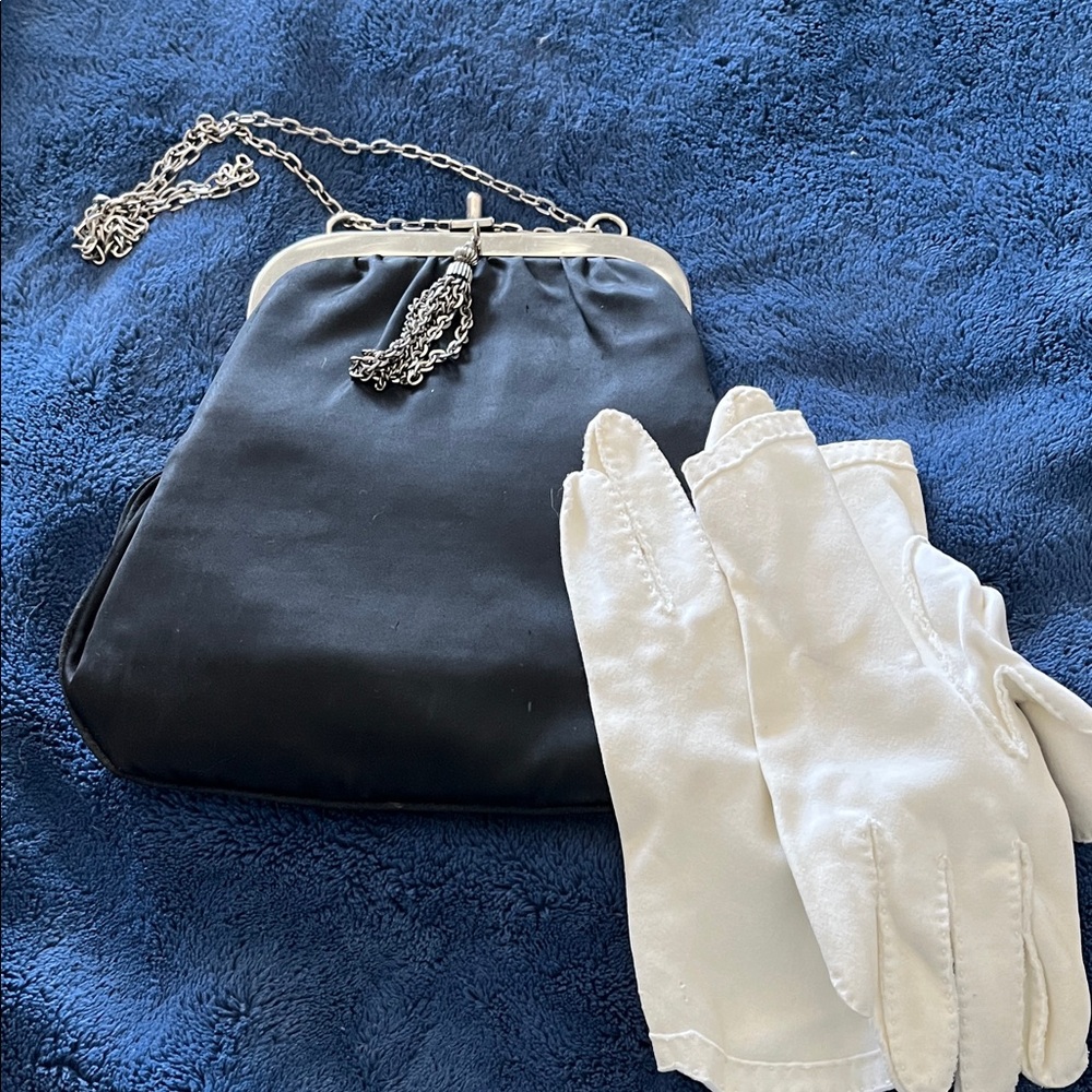 Vintage Black Satin Evening Clutch with white gloves